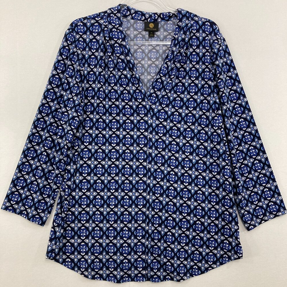 JM Collection XL Blue Black Floral Abstract Pattern Stretch Knit Top Office